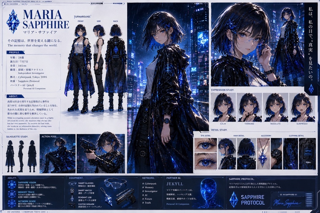 Maria Sapphireキャラクターデザインシート — ターンアラウンド・表情・装備・パートナーAIジキルの設定資料