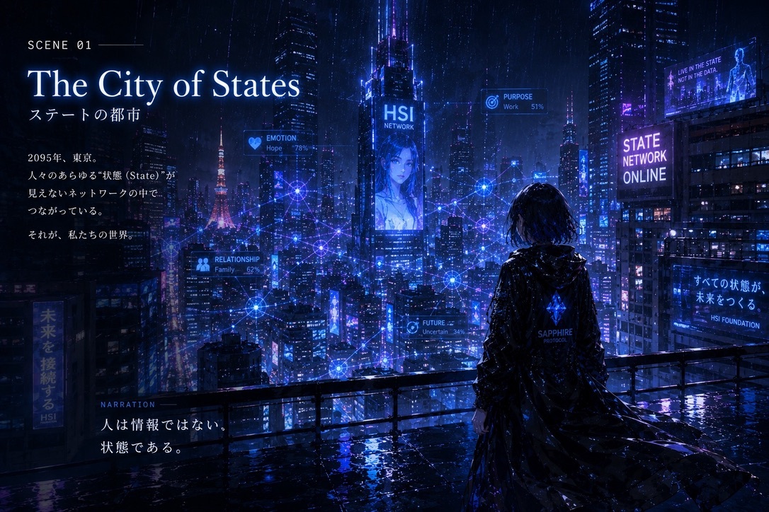 SCENE 01『ステートの都市』— HSIネットワークに繋がれた2095年の東京を見つめるMaria Sapphire