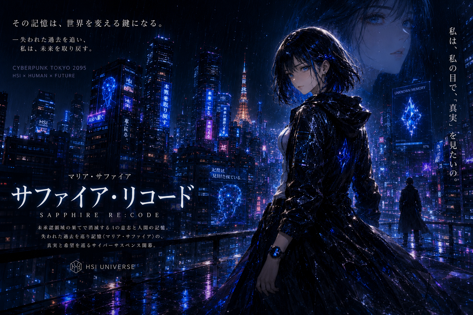 『サファイア・リコード（SAPPHIRE RE:CODE）』キービジュアル — 雨の未来都市とMaria Sapphire