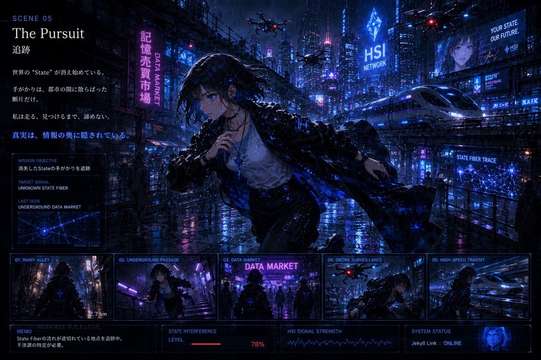 SCENE 05『追跡』— 消えたStateの手がかりを追い、雨の裏路地を走るMaria Sapphire