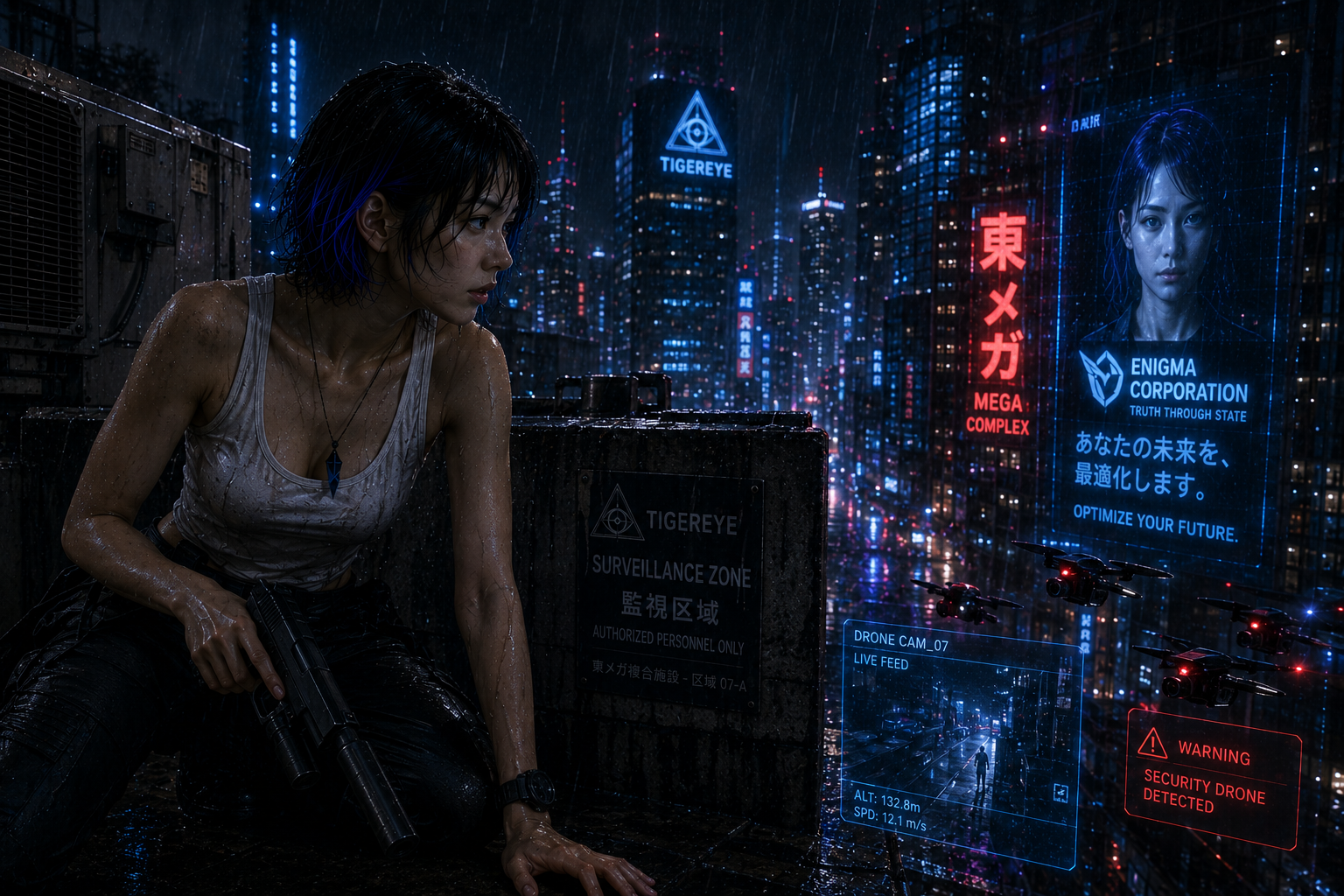警備ドローンの警告が表示される中、銃を構えるMaria Sapphire
