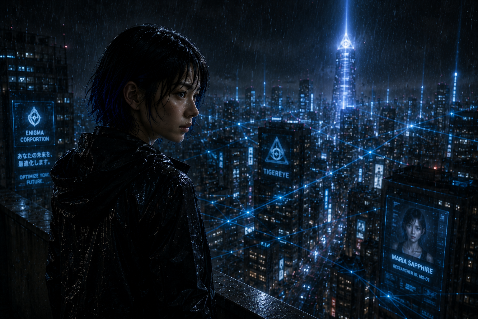雨の中、光の回線で繋がれた未来都市を見つめるMaria Sapphire