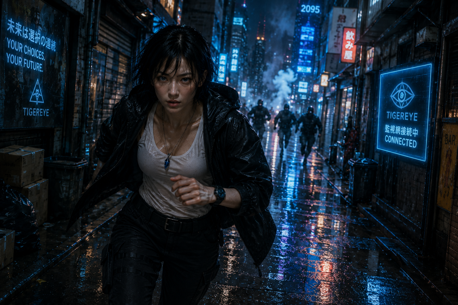 夜の路地を走り抜けるMaria Sapphire、背後にTIGEREYEの監視網表示