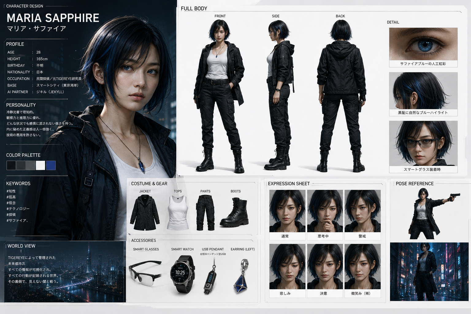 Maria Sapphireのキャラクターデザインシート — プロフィール・全身・表情・装備一覧