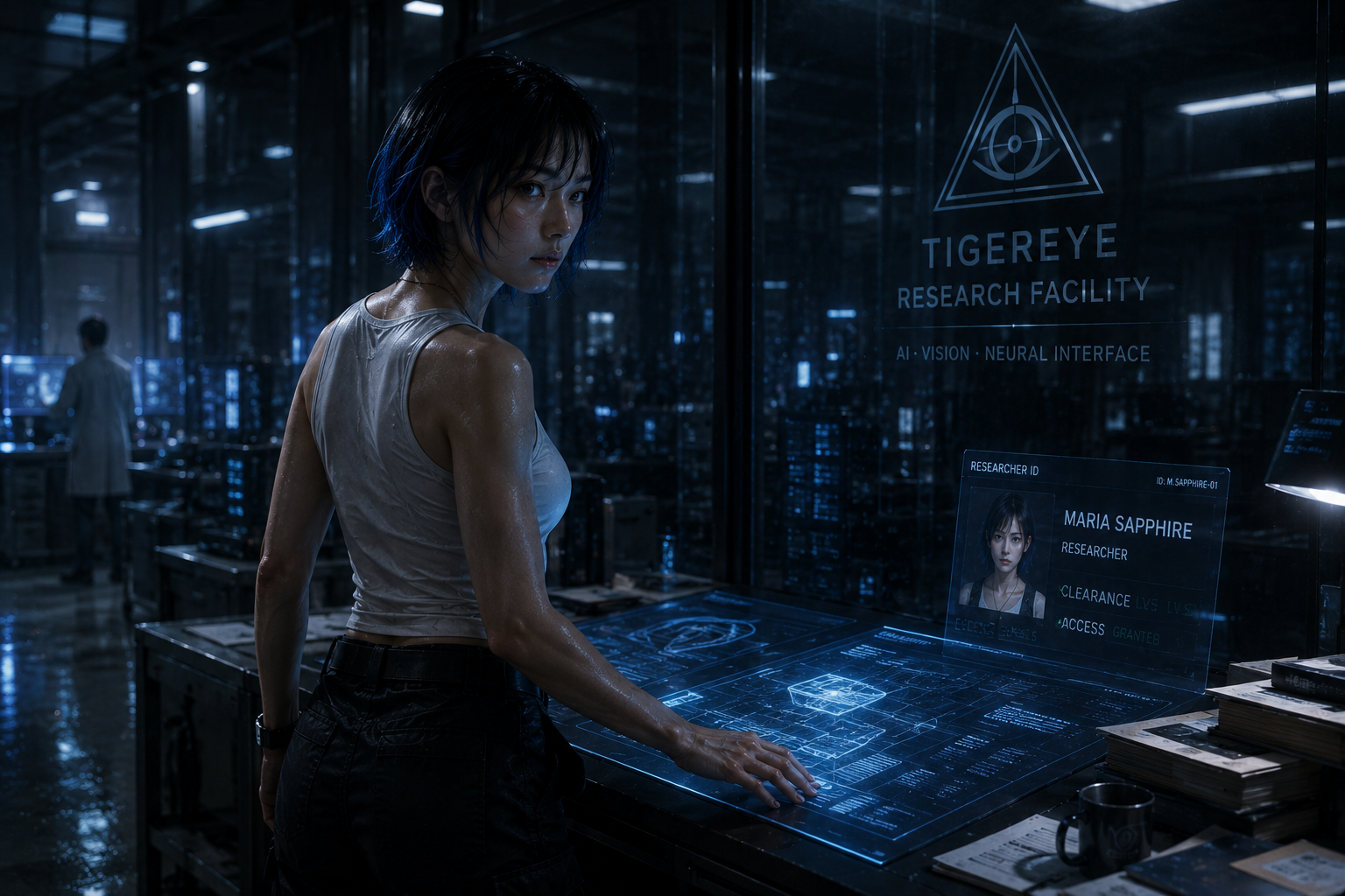 TIGEREYE研究施設でホログラム端末を操作するMaria Sapphire